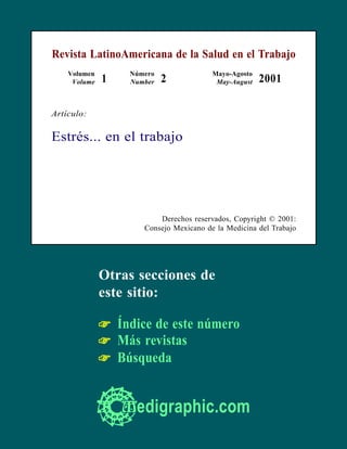 Revista LatinoAmericana de la Salud en el Trabajo
Volumen
Volume

1

Número
Number

2

Mayo-Agosto
May-August

2001

Artículo:

Estrés... en el trabajo

Derechos reservados, Copyright © 2001:
Consejo Mexicano de la Medicina del Trabajo

Otras secciones de
este sitio:
☞ Índice de este número
☞ Más revistas
☞ Búsqueda

edigraphic.com

 