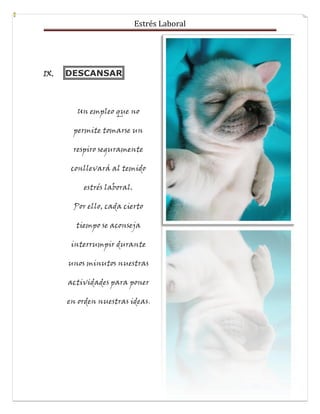 Estrés Laboral
IX. DESCANSAR
Un empleo que no
permite tomarse un
respiro seguramente
conllevará al temido
estrés laboral.
Por ello, cada cierto
tiempo se aconseja
interrumpir durante
unos minutos nuestras
actividades para poner
en orden nuestras ideas.
 