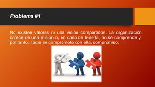 Problema #1
No existen valores ni una visión compartidos. La organización
carece de una misión o, en caso de tenerla, no se comprende y,
por tanto, nadie se compromete con ella. compromiso.
 