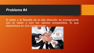 Problema #4
El estilo y la filosofía de la alta dirección es incongruente
con la visión y con los valores compartidos, lo que
desemboca en una incoherencia.
 