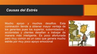 Causas del Estrés
Mucho apoyo y muchos desafios. Esta
cominación tiende a obtener mayor ventaja de
los gerentes pues los superior, subornidadors ,
accionistas y clientes desafian a trabajar de
manera más inteligente. Es poco afortunada
pero muy común es un caso que genera mucho
estrés por muy poco apoyo emocional
 