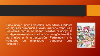 Poco apoyo, pocos desafios. Los administradores
en algunas burocracias llevan una vida tranquila y
sin estrés porque no tienen desafios ni apoyo, lo
cual generalmente no redunda en ningún beneficio
para ellos o la organización. Pertenecen a la
categoría de empleados ‘’tranquilos pero
estáticos”.
 