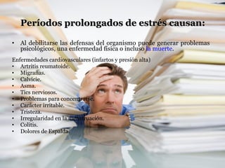 Períodos prolongados de estrés causan: Al debilitarse las defensas del organismo puede generar problemas psicológicos, una enfermedad física o incluso  la muerte .  Enfermedades cardiovasculares (infartos y presión alta) Artritis reumatoide. Migrañas. Calvicie. Asma. Tics nerviosos. Problemas para concentrarse. Carácter irritable. Tristeza. Irregularidad en la menstruación. Colitis. Dolores de Espalda. 