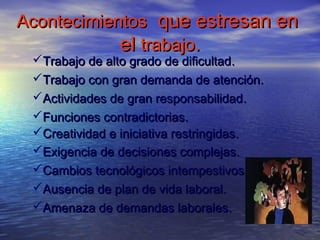 Acontecimientos que estresan en
            el trabajo.
 Trabajo de alto grado de dificultad.
 Trabajo con gran demanda de atención.
 Actividades de gran responsabilidad.
 Funciones contradictorias.
 Creatividad e iniciativa restringidas.
 Exigencia de decisiones complejas.
 Cambios tecnológicos intempestivos.
 Ausencia de plan de vida laboral.
 Amenaza de demandas laborales.
 