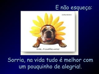 E não esqueça:E não esqueça:
Sorria, na vida tudo é melhor comSorria, na vida tudo é melhor com
um pouquinho de alegria!.um pouquinho de alegria!.
 