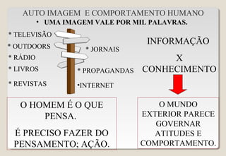 AUTO IMAGEM E COMPORTAMENTO HUMANO
• UMA IMAGEM VALE POR MIL PALAVRAS.
* JORNAIS
* TELEVISÃO
* RÁDIO
* REVISTAS
* PROPAGANDAS
* OUTDOORS
* LIVROS
•INTERNET
O MUNDO
EXTERIOR PARECE
GOVERNAR
ATITUDES E
COMPORTAMENTO.
INFORMAÇÃO
X
CONHECIMENTO
O HOMEM É O QUE
PENSA.
É PRECISO FAZER DO
PENSAMENTO; AÇÃO.
 