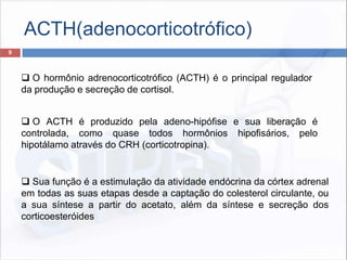 ACTH(adenocorticotrófico)
9
 O hormônio adrenocorticotrófico (ACTH) é o principal regulador
da produção e secreção de cortisol.
 O ACTH é produzido pela adeno-hipófise e sua liberação é
controlada, como quase todos hormônios hipofisários, pelo
hipotálamo através do CRH (corticotropina).
 Sua função é a estimulação da atividade endócrina da córtex adrenal
em todas as suas etapas desde a captação do colesterol circulante, ou
a sua síntese a partir do acetato, além da síntese e secreção dos
corticoesteróides
 