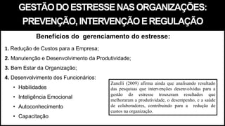 GESTÃODOESTRESSENASORGANIZAÇÕES:
PREVENÇÃO,INTERVENÇÃOEREGULAÇÃO
1. Redução de Custos para a Empresa;
2. Manutenção e Desenvolvimento da Produtividade;
3. Bem Estar da Organização;
4. Desenvolvimento dos Funcionários:
• Habilidades
• Inteligência Emocional
• Autoconhecimento
• Capacitação
Benefícios do gerenciamento do estresse:
Zanelli (2009) afirma ainda que analisando resultado
das pesquisas que intervenções desenvolvidas para a
gestão do estresse trouxeram resultados que
melhoraram a produtividade, o desempenho, e a saúde
de colaboradores, contribuindo para a redução de
custos na organização.
 