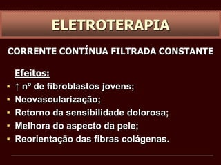 ELETROTERAPIA
CORRENTE CONTÍNUA FILTRADA CONSTANTE
Efeitos:
 ↑ nº de fibroblastos jovens;
 Neovascularização;
 Retorno da sensibilidade dolorosa;
 Melhora do aspecto da pele;
 Reorientação das fibras colágenas.
 