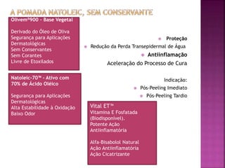  Proteção
 Redução da Perda Transepidermal de Água
 Antiinflamação
Aceleração do Processo de Cura
Indicação:
 Pós-Peeling Imediato
 Pós-Peeling Tardio
Olivem®900 – Base Vegetal
Derivado do Óleo de Oliva
Segurança para Aplicações
Dermatológicas
Sem Conservantes
Sem Corantes
Livre de Etoxilados
Natoleic-70™ - Ativo com
70% de Ácido Oléico
Segurança para Aplicações
Dermatológicas
Alta Estabilidade à Oxidação
Baixo Odor
Vital ET™
Vitamina E Fosfatada
(Biodisponível).
Potente Ação
Antiinflamatória
Alfa-Bisabolol Natural
Ação Antiinflamatória
Ação Cicatrizante
 