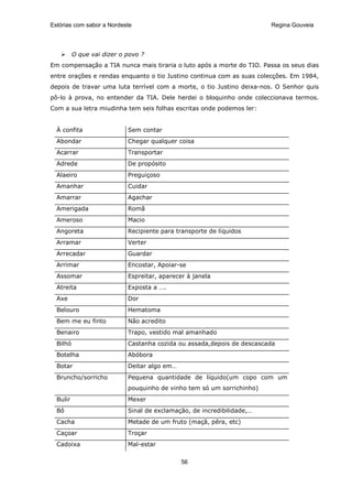 Estórias com sabor a Nordeste                                           Regina Gouveia




          O que vai dizer o povo ?
Em compensação a TIA nunca mais tiraria o luto após a morte do TIO. Passa os seus dias
entre orações e rendas enquanto o tio Justino continua com as suas colecções. Em 1984,
depois de travar uma luta terrível com a morte, o tio Justino deixa-nos. O Senhor quis
pô-lo à prova, no entender da TIA. Dele herdei o bloquinho onde coleccionava termos.
Com a sua letra miudinha tem seis folhas escritas onde podemos ler:


  À confita                 Sem contar
  Abondar                   Chegar qualquer coisa
  Acarrar                   Transportar
  Adrede                    De propósito
  Alaeiro                   Preguiçoso
  Amanhar                   Cuidar
  Amarrar                   Agachar
  Amerigada                 Romã
  Ameroso                   Macio
  Angoreta                  Recipiente para transporte de líquidos
  Arramar                   Verter
  Arrecadar                 Guardar
  Arrimar                   Encostar, Apoiar-se
  Assomar                   Espreitar, aparecer à janela
  Atreita                   Exposta a ….
  Axe                       Dor
  Belouro                   Hematoma
  Bem me eu finto           Não acredito
  Benairo                   Trapo, vestido mal amanhado
  Bilhó                     Castanha cozida ou assada,depois de descascada
  Botelha                   Abóbora
  Botar                     Deitar algo em…
  Bruncho/sorricho          Pequena quantidade de líquido(um copo com um
                            pouquinho de vinho tem só um sorrichinho)
  Bulir                     Mexer
  Bô                        Sinal de exclamação, de incredibilidade,…
  Cacha                     Metade de um fruto (maçã, pêra, etc)
  Caçoar                    Troçar
  Cadoixa                   Mal-estar

                                              56
 