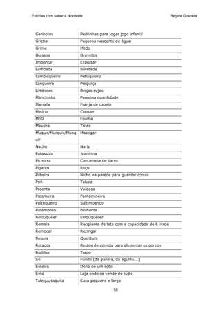 Estórias com sabor a Nordeste                                                Regina Gouveia




  Ganhotes                 Pedrinhas para jogar jogo infantil
  Gricha                   Pequena nascente de água
  Grime                    Medo
  Guissos                  Gravetos
  Impontar                 Expulsar
  Lambada                  Bofetada
  Lambisqueiro             Petisqueiro
  Langueira                Preguiça
  Limboses                 Beiços sujos
  Manchinha                Pequena quantidade
  Marrafa                  Franja de cabelo
  Medrar                   Crescer
  Mofa                     Faúlha
  Moucho                   Triste
  Muquir/Murquir/Munq      Mastigar
  uir
  Nacho                    Nariz
  Patassola                Joaninha
  Pichorra                 Cantarinha de barro
  Pigarço                  Ruço
  Pilheira                 Nicho na parede para guardar coisas
  Pori                     Talvez
  Proenta                  Vaidosa
  Prosmeira                Pantomineira
  Pultriqueiro             Saltimbanco
  Relamposo                Brilhante
  Relouquear               Enlouquecer
  Remeia                   Recipiente de lata com a capacidade de 6 litros
  Remocar                  Rezingar
  Resura                   Quentura
  Retaços                  Restos de comida para alimentar os porcos
  Rodilho                  Trapo
  Só                       Fundo (da panela, da agulha...)
  Soteiro                  Dono de um soto
  Soto                     Loja onde se vende de tudo
  Taleiga/saquita          Saco pequeno e largo

                                              58
 