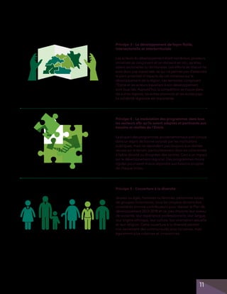 Principe 3 : Le développement de façon fluide,
intersectorielle et interterritoriale
Les acteurs du développement étant nombreux, plusieurs
initiatives se conçoivent et se réalisent en silo, qu’elles
soient sectorielles ou territoriales. Les efforts de chacun ne
sont donc pas maximisés, ce qui ne permet pas d’atteindre
le plein potentiel d’impacts de ces initiatives sur le
développement de la région. Les territoires composant
l’Estrie et les acteurs travaillant à son développement
sont tous liés. Aujourd’hui, la compétition se trouve dans
les autres régions, les autres provinces et les autres pays.
La solidarité régionale est importante.

Principe 4 : La modulation des programmes dans tous
les secteurs afin qu’ils soient adaptés et pertinents aux
besoins et réalités de l’Estrie
La plupart des programmes gouvernementaux sont conçus
dans un esprit de bonne volonté par les institutions
publiques, mais ne répondent pas toujours aux réalités
vécues sur le terrain, particulièrement dans les collectivités
à faible densité ou éloignées des centres. Ceci a un impact
sur le développement régional. Des programmes moins
rigides pourraient mieux répondre aux besoins propres
de chaque milieu.

Principe 5 : L
’ouverture à la diversité
Jeunes ou âgés, hommes ou femmes, personnes issues
de groupes minoritaires, tous les citoyens doivent être
considérés comme contributeurs pour réaliser le Plan de
développement 2013-2018 et ce, peu importe leur niveau
de scolarité, leur expérience professionnelle, leur langue,
leur origine ethnique, leur culture, leur orientation sexuelle
et leur religion. Cette ouverture à la diversité permet
non seulement des communautés plus inclusives, mais
également plus créatives et innovatrices.

11

 
