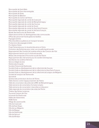 Municipalité de Saint-Malo
Municipalité de Saint-Herménégilde
Municipalité de Stoke
Municipalité de Weedon
Municipalité du Canton de Potton
Municipalité régionale de comté de Coaticook
Municipalité régionale de comté de Memphrémagog
Municipalité régionale de comté des Sources
Municipalité régionale de comté du Granit
Municipalité régionale de comté du Haut-Saint-François
Municipalité régionale de comté du Val-Saint-François
Musée des beaux-arts de Sherbrooke
Observatoire estrien du développement des communautés
Office des personnes handicapées du Québec
Paysages estriens
Pôle d’excellence québécois en transport terrestre
Productions des paysages éclatés
Pro-Gestion Estrie
Projet Partenaires pour la réussite éducative en Estrie
Promotion des Estriennes pour initier une nouvelle équité sociale
Regroupement des Centres de la petite enfance des Cantons-de-l’Est
Regroupement estrien pour la diversité sexuelle
Réseau des entreprises d’économie sociale de l’Estrie
Regroupement des intervenants pour le transfert d’entreprises
Secrétariat à la condition féminine
Service intégré du bois
Sherbrooke Innopole
Société d’histoire de Sherbrooke
Société d’aide au développement de la collectivité des Sources
Société d’aide au développement de la collectivité du Haut-Saint-François
Société d’aide au développement de la collectivité de la région de Mégantic
Société de transport de Sherbrooke
Sporobole
Syndicat des producteurs de bois de l’Estrie
Table d’action contre l’appauvrissement de l’Estrie
Table de concertation des aînés de la MRC de Memphrémagog
Table estrienne de concertation formation emploi
Table estrienne de concertation interordres en éducation
Table régionale de concertation des aînés de l’Estrie
Théâtre des Petites Lanternes
Tourisme Cantons-de-l’Est
Université de Sherbrooke
Vallée des élastomères
VIGIE-Estrie
Village de Lawrenceville
Ville de Coaticook
Ville de East Angus
Ville de Lac-Mégantic
Ville de Magog
Ville de Sherbrooke
Ville de Valcourt
Ville de Windsor

23

 