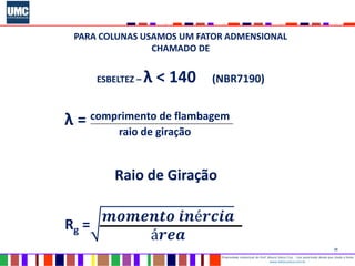 38
Propriedade intelectual do Prof. Mauro Vieira Cruz - Uso autorizado desde que citada a fonte
www.metacustica.com.br
PARA COLUNAS USAMOS UM FATOR ADMENSIONAL
CHAMADO DE
ESBELTEZ – λ < 140 (NBR7190)
λ = comprimento de flambagem
raio de giração
Raio de Giração
Rg =
𝒎𝒐𝒎𝒆𝒏𝒕𝒐 𝒊𝒏é𝒓𝒄𝒊𝒂
á𝒓𝒆𝒂
 