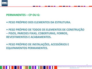 8
Propriedade intelectual do Prof. Mauro Vieira Cruz - Uso autorizado desde que citada a fonte
www.metacustica.com.br
PERMANENTES – CP OU G:
• PESO PRÓPRIO DOS ELEMENTOS DA ESTRUTURA.
• PESO PRÓPRIO DE TODOS OS ELEMENTOS DE CONSTRUÇÃO
– PISOS, PAREDES FIXAS, COBERTURAS, FORROS,
REVESTIMENTOS E ACABAMENTOS.
• PESO PRÓPRIO DE INSTALAÇÕES, ACESSÓRIOS E
EQUIPAMENTOS PERMANENTES.
 