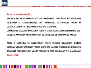 10
Propriedade intelectual do Prof. Eng. Mauro Vieira Cruz - Uso autorizado desde que citada
a fonte www.metacustica.com.br
ÁGUA DE IMPREGNAÇÃO
APARECE ENTRE AS FIBRAS E CÉLULAS LENHOSAS. ESTA ÁGUA PROVOCA UM
INCHAMENTO CONSIDERÁVEL NA MADEIRA, ALTERANDO TODO O
COMPORTAMENTO FÍSICO MECÂNICO DO MATERIAL.
QUANDO ESTA ÁGUA IMPREGNA TODA A MADEIRA SEM ESCORRIMENTO DIZ-
SE QUE A MADEIRA ATINGIU O TEOR DE UMIDADE DE SATURAÇÃO AO AR.
APÓS A MADEIRA SE ENCONTRAR NESTE ESTADO QUALQUER OUTRO
INCREMENTO DE UMIDADE POUCO IMPORTA NA SUA QUALIDADE, POIS ESTÁ
SOMENTE PREENCHENDO VASOS CAPILARES. ESTA CONDIÇÃO É CHAMADA DE
ÁGUA LIVRE.
 