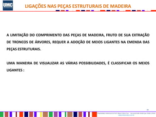 14
Propriedade intelectual do Prof. Mauro Vieira Cruz - Uso autorizado desde que citada a fonte
www.metacustica.com.br
LIGAÇÕES NAS PEÇAS ESTRUTURAIS DE MADEIRA
A LIMITAÇÃO DO COMPRIMENTO DAS PEÇAS DE MADEIRA, FRUTO DE SUA EXTRAÇÃO
DE TRONCOS DE ÁRVORES, REQUER A ADOÇÃO DE MEIOS LIGANTES NA EMENDA DAS
PEÇAS ESTRUTURAIS.
UMA MANEIRA DE VISUALIZAR AS VÁRIAS POSSIBILIDADES, É CLASSIFICAR OS MEIOS
LIGANTES :
 