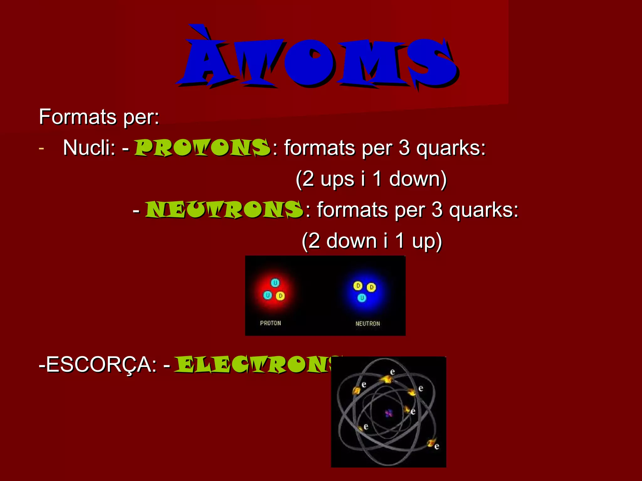 ÀTOMS
Formats per:
- Nucli: - PROTONS : formats per 3 quarks:
                      (2 ups i 1 down)
           - NEUTRONS : formats per 3 quarks:
                       (2 down i 1 up)




-ESCORÇA: - ELECTRONS
 