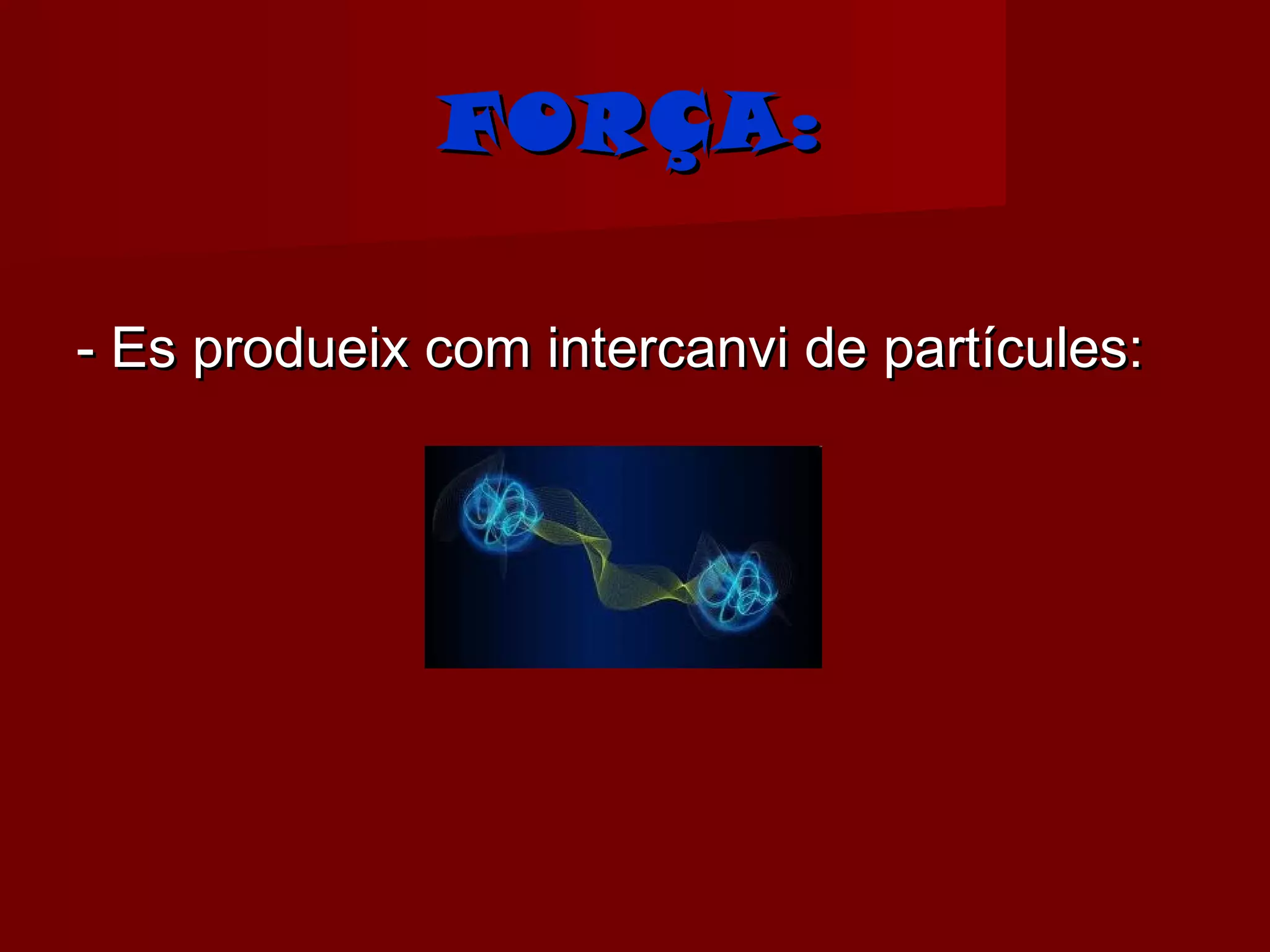FORÇA:

- Es produeix com intercanvi de partícules:
 