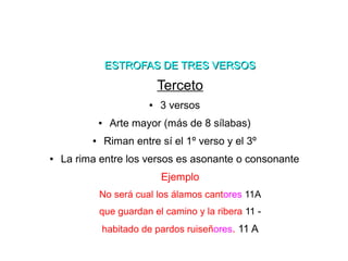 ESTROFAS DE TRES VERSOSESTROFAS DE TRES VERSOS
Terceto
● 3 versos
● Arte mayor (más de 8 sílabas)
● Riman entre sí el 1º v...