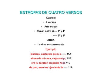 ESTROFAS DE CUATRO VERSOSESTROFAS DE CUATRO VERSOS
CuartetoCuarteto
● 4 versos
● Arte mayor
● Riman entre sí---- 1º y 4º
----- 2º y 3º
ABBA
● La rima es consonante
Ejemplo
Dolores, costurera de mi casa, 11A
añosa de mi casa, vieja amiga; 11B
era tu corazón crujiente miga 11B
de pan; eran tus ojos lenta brasa 11A
 