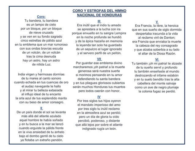 Himno Nacional de Honduras Coro y Estrofas | PPT