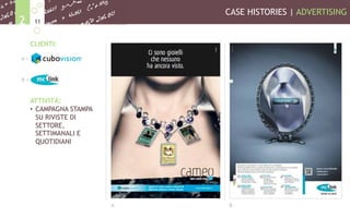 CASE HISTORIES | ADVERTISING
112
CLIENTI:
ATTIVITÀ:
•  CAMPAGNA STAMPA
SU RIVISTE DI
SETTORE,
SETTIMANALI E
QUOTIDIANI
A >
B >
A B
 