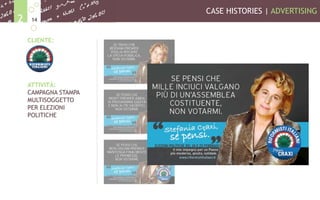 CASE HISTORIES | ADVERTISING
142
CLIENTE:
ATTIVITÀ:
CAMPAGNA STAMPA
MULTISOGGETTO
PER ELEZIONI
POLITICHE
 