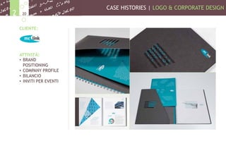 CASE HISTORIES | LOGO & CORPORATE DESIGN
202
CLIENTE:
ATTIVITÀ:
•  BRAND
POSITIONING
•  COMPANY PROFILE
•  BILANCIO
•  INVITI PER EVENTI
 