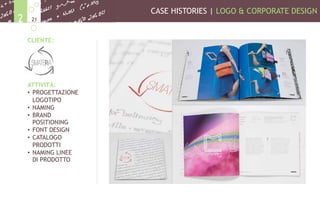 CASE HISTORIES | LOGO & CORPORATE DESIGN
212
CLIENTE:
ATTIVITÀ:
•  PROGETTAZIONE
LOGOTIPO
•  NAMING
•  BRAND
POSITIONING
•  FONT DESIGN
•  CATALOGO
PRODOTTI
•  NAMING LINEE
DI PRODOTTO
 