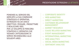 PONENDO AL SERVIZIO DEL
MERCATO LA SUA COMPAGINE
STRATEGICA E OPERATIVA,
ESTROGENI HA UN UNICO
OBIETTIVO: PENSARE, PROGETTARE
E REALIZZARE IDEE.
PER LO SVILUPPO DI PERCORSI
STRATEGICI E OPERATIVI CHE
VEDANO L'INTEGRAZIONE DI
SERVIZI RICONDUCIBILI ALLE
SEGUENTI AREE:
o  CORPORATE IDENTITY
o  WEB MARKETING
o  DIRECT MARKETING
o  CUSTOMER RELATIONSHIP
MANAGEMENT
o  MARKET RESEARCH
o  CAUSE RELATED MARKETING
o  EVENT MANAGEMENT
o  INTERNATIONAL MARKETING
o  WEB ANALYTICS
o  SOCIAL MEDIA MARKETING
o  SENTIMENT ANALYSIS
PRESENTAZIONE ESTROGENI/LE ATTIVITÀ
41
 