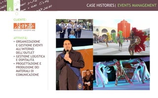 CASE HISTORIES| EVENTS MANAGEMENT
486
CLIENTE:
ATTIVITÀ:
•  ORGANIZZAZIONE
E GESTIONE EVENTI
ALL’INTERNO
DELL’OUTLET
•  GESTIONE LOGISTICA
E OSPITALITÀ
•  PROGETTAZIONE E
PRODUZIONE DEI
MATERIALI DI
COMUNICAZIONE
 