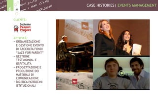 CASE HISTORIES| EVENTS MANAGEMENT
496
CLIENTE:
ATTIVITÀ:
•  ORGANIZZAZIONE
E GESTIONE EVENTO
DI RACCOLTA FONDI
“JAZZ FOR PARENT”
•  GESTIONE
TESTIMONIAL E
OSPITALITÀ
•  PROGETTAZIONE E
PRODUZIONE DEI
MATERIALI DI
COMUNICAZIONE
•  RICERCA PATROCINI
ISTITUZIONALI
GUARDA
IL VIDEO
 