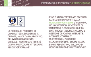 LA RICERCA DI PRODOTTI DI
QUALITÀ TESI A SODDISFARE IL
CLIENTE, NASCE DA UN PROCESSO
DI LAVORO ORGANIZZATO,
EFFICACE, MONITORATO NONCHÉ
DA UNA PARTICOLARE ATTENZIONE
ALLE RISORSE UMANE.
ESSO È STATO CERTIFICATO SECONDO
GLI STANDARD PREVISTI DALLA
NORMA ISO 9001:2008 E RIGUARDA,
NELLO SPECIFICO, LE ATTIVITÀ DI
MARKETING E COMUNICAZIONE ON
LINE, PROGETTAZIONE, SVILUPPO E
GESTIONE DI PORTALI INTERNET E
INTRANET, CONTENUTI
MULTIMEDIALI, PUBBLICHE
RELAZIONI ON LINE, SOCIAL MEDIA,
BRAND REPUTATION, SVILUPPO DI
MODELLI DI BUSINESS INTELLIGENCE.
PRESENTAZIONE ESTROGENI/LA CERTIFICAZIONE
71
 