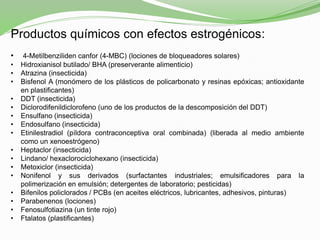 Productos químicos con efectos estrogénicos:
• 4-Metilbenziliden canfor (4-MBC) (lociones de bloqueadores solares)
• Hidroxianisol butilado/ BHA (preserverante alimenticio)
• Atrazina (insecticida)
• Bisfenol A (monómero de los plásticos de policarbonato y resinas epóxicas; antioxidante
en plastificantes)
• DDT (insecticida)
• Diclorodifenildiclorofeno (uno de los productos de la descomposición del DDT)
• Ensulfano (insecticida)
• Endosulfano (insecticida)
• Etinilestradiol (píldora contraconceptiva oral combinada) (liberada al medio ambiente
como un xenoestrógeno)
• Heptaclor (insecticida)
• Lindano/ hexaclorociclohexano (insecticida)
• Metoxiclor (insecticida)
• Nonifenol y sus derivados (surfactantes industriales; emulsificadores para la
polimerización en emulsión; detergentes de laboratorio; pesticidas)
• Bifenilos policlorados / PCBs (en aceites eléctricos, lubricantes, adhesivos, pinturas)
• Parabenenos (lociones)
• Fenosulfotiazina (un tinte rojo)
• Ftalatos (plastificantes)
 
