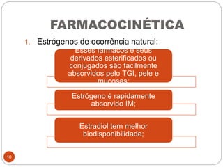 FARMACOCINÉTICA
1. Estrógenos de ocorrência natural:
Esses fármacos e seus
derivados esterificados ou
conjugados são facilmente
absorvidos pelo TGI, pele e
mucosas;
Estrógeno é rapidamente
absorvido IM;
Estradiol tem melhor
biodisponibilidade;
10
 