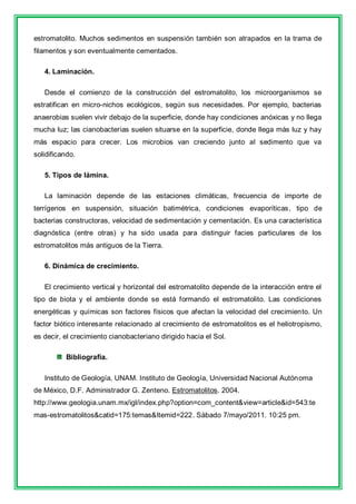estromatolito. Muchos sedimentos en suspensión también son atrapados en la trama de
filamentos y son eventualmente cementados.

   4. Laminación.

   Desde el comienzo de la construcción del estromatolito, los microorganismos se
estratifican en micro-nichos ecológicos, según sus necesidades. Por ejemplo, bacterias
anaerobias suelen vivir debajo de la superficie, donde hay condiciones anóxicas y no llega
mucha luz; las cianobacterias suelen situarse en la superficie, donde llega más luz y hay
más espacio para crecer. Los microbios van creciendo junto al sedimento que va
solidificando.

   5. Tipos de lámina.

   La laminación depende de las estaciones climáticas, frecuencia de importe de
terrígenos en suspensión, situación batimétrica, condiciones evaporíticas, tipo de
bacterias constructoras, velocidad de sedimentación y cementación. Es una característica
diagnóstica (entre otras) y ha sido usada para distinguir facies particulares de los
estromatolitos más antiguos de la Tierra.

   6. Dinámica de crecimiento.

   El crecimiento vertical y horizontal del estromatolito depende de la interacción entre el
tipo de biota y el ambiente donde se está formando el estromatolito. Las condiciones
energéticas y químicas son factores físicos que afectan la velocidad del crecimiento. Un
factor biótico interesante relacionado al crecimiento de estromatolitos es el heliotropismo,
es decir, el crecimiento cianobacteriano dirigido hacia el Sol.

          Bibliografía.

   Instituto de Geología, UNAM. Instituto de Geología, Universidad Nacional Autónoma
de México, D.F. Administrador G. Zenteno. Estromatolitos. 2004.
http://www.geologia.unam.mx/igl/index.php?option=com_content&view=article&id=543:te
mas-estromatolitos&catid=175:temas&Itemid=222. Sábado 7/mayo/2011. 10:25 pm.
 