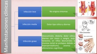 Manifestaciones
clínicas
Infección leve No origina síntomas
Infección media Dolor tipo cólico y diarrea
Infección grave
Desnutrición, distería, dolor cólico,
diarrea con moco y sangre, pujo,
tenesmo, en niños desnutridos la
mucosa rectal se prolapso debido al
hiperperistaltismo, anemia y
alteraciones cognitivas
 