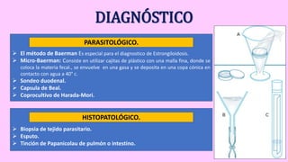 DIAGNÓSTICO
 El método de Baerman Es especial para el diagnostico de Estrongiloidosis.
 Micro-Baerman: Consiste en utilizar cajitas de plástico con una malla fina, donde se
coloca la materia fecal., se envuelve en una gasa y se deposita en una copa cónica en
contacto con agua a 40° c.
 Sondeo duodenal.
 Capsula de Beal.
 Coprocultivo de Harada-Mori.
PARASITOLÓGICO.
 Biopsia de tejido parasitario.
 Esputo.
 Tinción de Papanicolau de pulmón o intestino.
HISTOPATOLÓGICO.
 