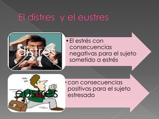 •El estrés con

distres
           consecuencias
           negativas para el sujeto
           sometido a estrés


          •con consecuencias

eustres
           positivas para el sujeto
           estresado
 