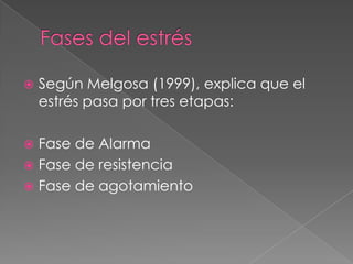    Según Melgosa (1999), explica que el
    estrés pasa por tres etapas:

 Fase de Alarma
 Fase de resistencia
 Fase de agotamiento
 
