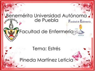 Benemérita Universidad Autónoma
de Puebla
Facultad de Enfermería
Tema: Estrés
Pineda Martínez Leticia
 