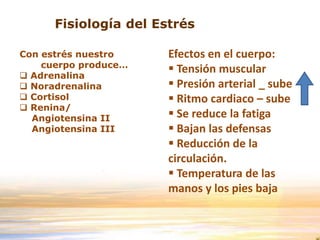 Fisiología del Estrés
Con estrés nuestro
cuerpo produce…
 Adrenalina
 Noradrenalina
 Cortisol
 Renina/
Angiotensina II
Angiotensina III
Efectos en el cuerpo:
 Tensión muscular
 Presión arterial _ sube
 Ritmo cardiaco – sube
 Se reduce la fatiga
 Bajan las defensas
 Reducción de la
circulación.
 Temperatura de las
manos y los pies baja
 