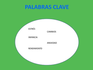 PALABRAS CLAVE


 ESTRÉS
               CAMBIOS

 INFANCIA

               ANSIEDAD

 RENDIMIENTO
 