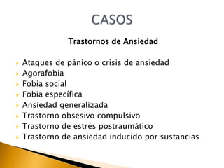 Trastornos de Ansiedad
 Ataques de pánico o crisis de ansiedad
 Agorafobia
 Fobia social
 Fobia específica
 Ansiedad generalizada
 Trastorno obsesivo compulsivo
 Trastorno de estrés postraumático
 Trastorno de ansiedad inducido por sustancias
 