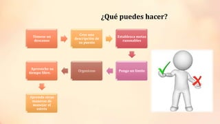 ¿Qué puedes hacer?
Tómese un
descanso
Cree una
descripción de
su puesto
Establezca metas
razonables
Ponga un límite
Organícese
Aproveche su
tiempo libre.
Aprenda otras
maneras de
manejar el
estrés
 