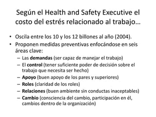 Según el Health and Safety Executive el
costo del estrés relacionado al trabajo…
• Oscila entre los 10 y los 12 billones al año (2004).
• Proponen medidas preventivas enfocándose en seis
áreas clave:
– Las demandas (ser capaz de manejar el trabajo)
– El control (tener suficiente poder de decisión sobre el
trabajo que necesita ser hecho)
– Apoyo (buen apoyo de los pares y superiores)
– Roles (claridad de los roles)
– Relaciones (buen ambiente sin conductas inaceptables)
– Cambio (consciencia del cambio, participación en él,
cambios dentro de la organización)

 