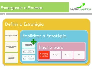 Enxergando a Floresta
 3




     Definir a Estratégia

     Missão (Pasteurizada?)
                              Explicitar a Estratégia
                                 Posicionamento


                                                        Insumo para:
      Visão (sem ponto de        Estratégico (?)
          chegada?)

                              Desdobramento em
                              Objetivos e Metas (?)
                                                        Marketing   Produção   Finanças   RH
                                  Planos de Ação
                                                        e Vendas
          Valores (são
          cumpridos?)         (Claros e priorizados?)
 