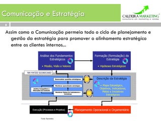 Comunicação e Estratégia
 8

 Assim como a Comunicação permeia todo o ciclo de planejamento e
   gestão da estratégia para promover o alinhamento estratégico
   entre os clientes internos...
 